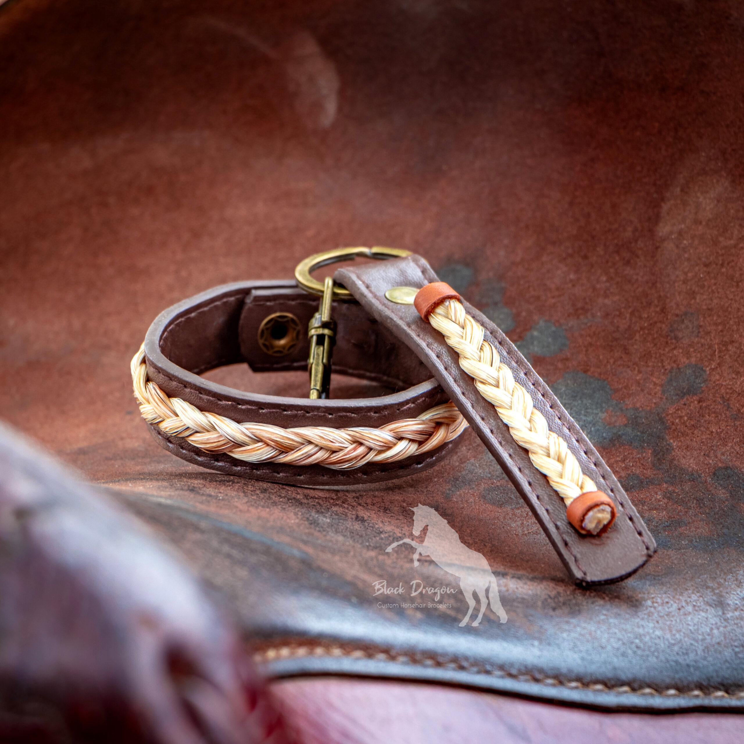 Chocolate Brown Leather Horsehair Bracelet and Keychain